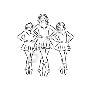 身着传统服饰和吉利服的爱尔兰舞蹈团跳起来 它制作图案爱尔兰舞蹈矢量素描插图软鞋文化女孩大河女士国家连衣裙线条民间图片