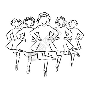 身着传统服饰和吉利服的爱尔兰舞蹈团跳起来 它制作图案爱尔兰舞蹈矢量素描国家草图舞蹈家大河绘画女士反射女孩们插图舞者图片