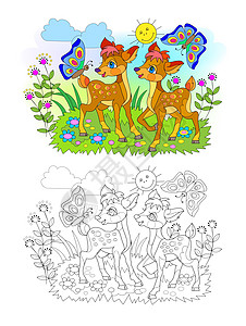 孩子着色书的页 两只可爱的小鹿在草地上玩耍的插图 儿童学校教科书的可打印工作表 在线教育 平面卡通矢量图片