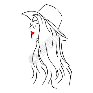 戴着优雅帽子的美丽女人的剪影 向量 戴着帽子的漂亮女孩 矢量素描图插图草图女士嘴唇墨水红色配件女孩黑色白色图片