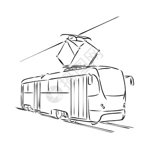 电车的孤立的向量例证 城市公共交通 手绘线性涂鸦水墨素描 白色背景上的黑色剪影 它制作图案电车矢量速写运输机器民众标识草图窗户速图片