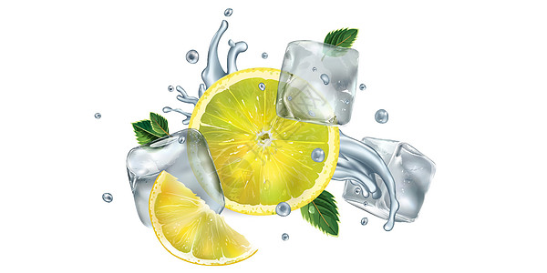 切柠檬 薄荷叶和有水溅的冰块薄荷立方体食谱食物飞沫液体插图饮食美食饮料图片