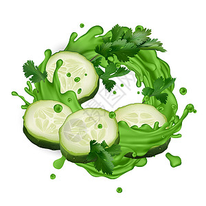绿色果汁 配有黄瓜切片和菜菜叶液体芹菜维生素菜单蔬菜飞溅食物插图烹饪厨房图片