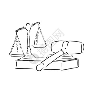 法院的属性法官的锤子和天平 Themis 矢量插图的 sketc背景图片