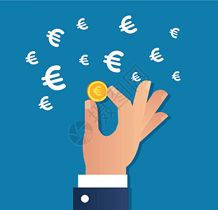 手持金币和欧元符号图标概念投资银行业蓝色市场商业卡通片金子生长金融插图图片