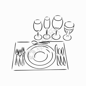 矢量手绘插图与表设置集 草图 复古插画 餐桌套装餐具矢量速写它制作图案勺子刀具早餐艺术用餐工具餐厅绘画食物咖啡店图片