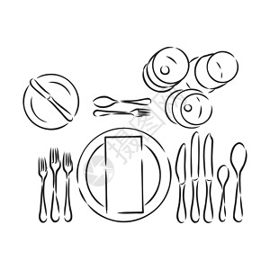 矢量手绘插图与表设置集 草图 复古插画 餐桌套装餐具矢量速写它制作图案服务艺术晚餐金属环境用具工具厨房餐厅刀具图片