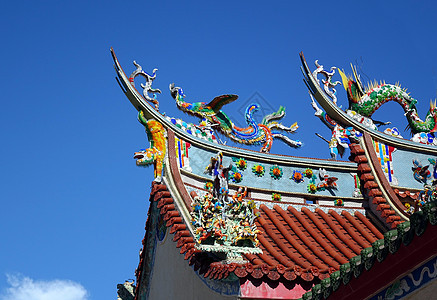 南台湾的装饰庙屋顶陶器宗教屋檐数字三角形蓝色迷信工艺寺庙塑像图片