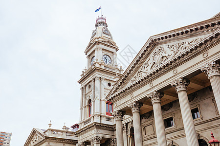 菲茨罗伊市政厅 澳大利亚墨尔本旅游街道窗户文化建筑涂鸦遗产钟楼旗帜脚步图片