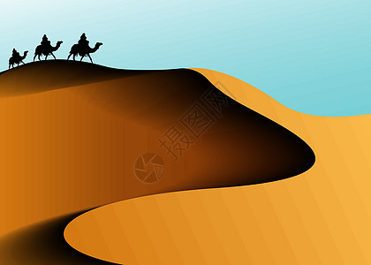 撒哈拉沙漠动画景观大篷车的骆驼和沙漠波浪 非洲沙漠中的旗帜沙丘 矢量图室外背景图片