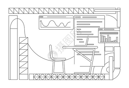 业务分析师办公室室内设计大纲矢量图  Web 开发工作室经理工作场所轮廓构成白色背景 图表和表格简单样式绘图图片