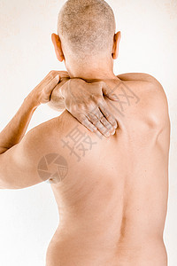 人患有脑脊椎骨或皮肌肉疼痛男性卫生保健紧张脊柱压力伤害背痛椎骨治疗背景图片