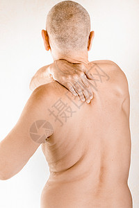 人患有脑脊椎骨或皮肌肉疼痛男性背痛按摩脖子椎骨保健身体背椎男人伤害背景图片