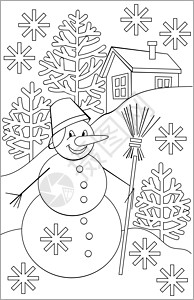 与雪人黑白图画的页为着色书 培养孩子的绘画技能 儿童活动表 矢量图像图片