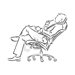 坐在办公椅上的有思想的年轻商务人士的手绘素描矢量图图片