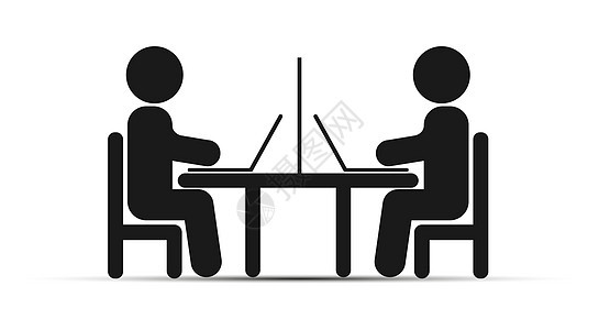 简单绘图两个人坐在桌旁 带着笔记本电脑背景图片