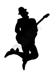 一位音乐家在跳跃中弹吉他的剪影 简单的设计图片