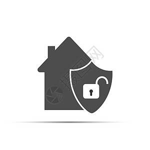 房屋图标和带开锁的盾牌 简单的平面设计住宅草图安全手绘房子建筑警报插图挂锁财产图片