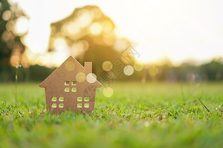 阳光背景绿草上的封闭式微型家庭模型花园投资住宅建筑学贷款生活蓝色商业地面代理人图片