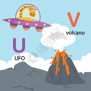 插图孤立字母表字母 U-ufo V-火山 vecto图片