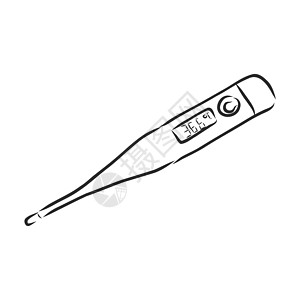 医用温度计手绘轮廓涂鸦图标 用于测量和指示体温的数字医疗工具 白色背景上的矢量素描图草图摄氏度诊所疾病药店医院温度玻璃乐器测试图片