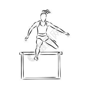 在跨栏比赛中 一名短跑运动员跳过障碍 手绘矢量图男性绘画男人速度赛跑者运动插图卡通片草图男生图片