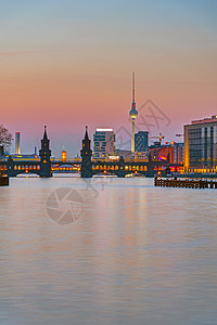 柏林斯普里河日落首都天际景观蓝色媒体建筑学全景天空地标河岸图片