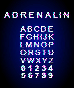 肾上腺素故障字体模板 复古未来派风格矢量字母表设置在深蓝色背景上 大写字母数字和符号 具有失真效果的压力荷尔蒙字体设计图片