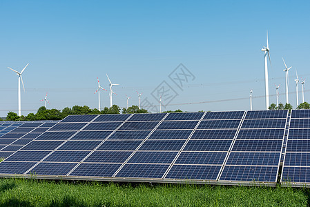 太阳能电池板和风力发电厂太阳能板细胞面板金属能源力量基础设施变电站电压电气图片