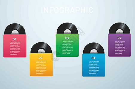 黑胶唱片与封面样机信息图表背景 vecto插图商业海报工作室迪厅标识旋律音乐小样配乐图片