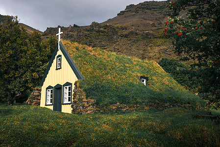 冰岛Hof冰地村庄Turf教堂历史性房子绿化地标草皮历史爬坡乡村农村传统图片