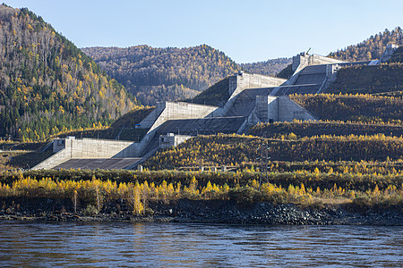 俄罗斯一个大型和非常高的水电大坝活力车站沙漠场景工程水库甜点技术游客巨石图片