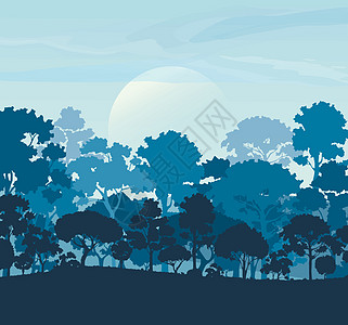 森林树木剪影自然景观背景矢量图 EPS1蓝色爬坡环境日落丘陵薄雾针叶插图地平线太阳图片