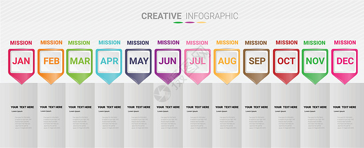 演示图业务信息图表模板 12 个月 1 年全部 mont年度顺序小册子时间插图圆圈数据商业数字推介会图片