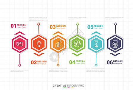 用于演示业务的带有数字 6 选项的信息图表模板战略资料横幅营销推介会成功报告工作圆圈数据背景图片