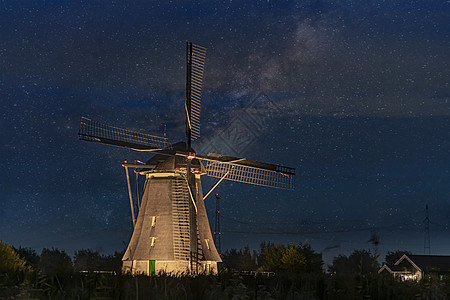 在荷兰市白日落时 马力式风车在挤奶方式上逆流而行图片