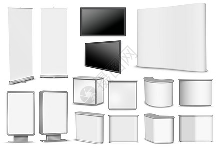 一套3D空空展览展台成套布置和起草设备角落矩形帆布电视海报商业广告牌监视器横幅投影背景图片