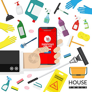 清洁工具销售在线广告的载体 手持手机在线购物与白色背景隔离的家居用品清洁产品设备工具图片