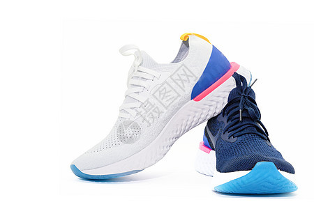 运动鞋跑步 两种颜色在孤立的白色背景上鞋带女士蓝色黑色鞋类锻炼衣服工作室黄色运动背景图片