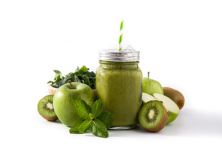 油罐中健康的绿色冰沙食物奇异果白色蔬菜营养饮品菠菜玻璃水果薄荷图片