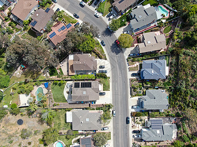 上中中产阶级街道与住宅和游泳池相邻的空中最顶层景象抵押景观城市人行道鸟瞰图草地天空细分财产社区图片