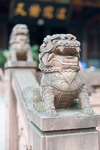佛教寺庙中的狮子石雕像建筑学黄色历史白色雕塑动物警卫文化装饰品宗教图片