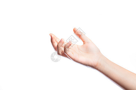 女性手举着不同手势 孤立在白色背面女士采摘指甲拇指信号指针姿势测量女孩手臂图片