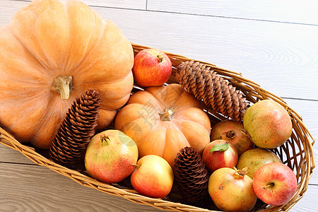 篮子 有秋季南瓜 石榴 松酮和苹果图片