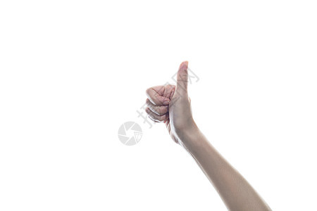 女性手在白色孤立背景上举起拇指标志图片