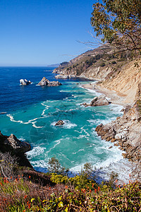 美国加利福尼亚州海滨海岸线观测薄雾蓝色戏剧性丘陵旅行海洋波浪海滩沿海太阳图片