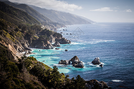 美国加利福尼亚州海滨海岸线观测海洋波浪太阳旅行悬崖海滩沿海戏剧性丘陵薄雾图片