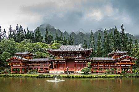 美国夏威夷瓦胡省卡尼欧赫的拜多佛寺宗教纪念馆兼尾公园寺庙谷池塘寺庙信仰佛教徒锦鲤图片