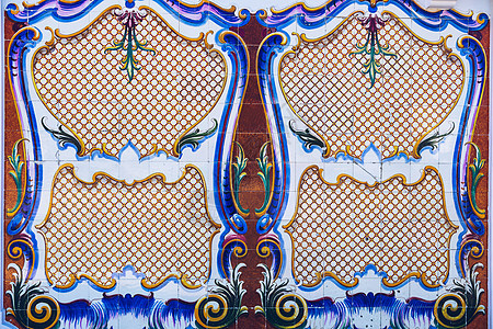 Azulejo 是葡萄牙或西班牙彩绘锡釉的一种形式陶瓷装饰品装饰手工瓷砖马赛克制品蓝色几何古董图片