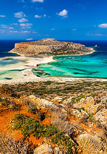 和Gramvousa的令人惊叹的海滨 其中含有绿绿水阳光天堂热带海岸海滩游泳旅行全景蓝晶蓝色背景图片